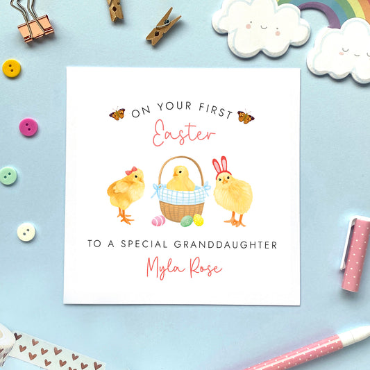 personalised chicks first easter card for girl - baby's first easter card, easter card for baby, easter card for daughter, granddaughter, niece, sister, cousin, children, child, baby, goddaughter, girls, little girl, 1st easter