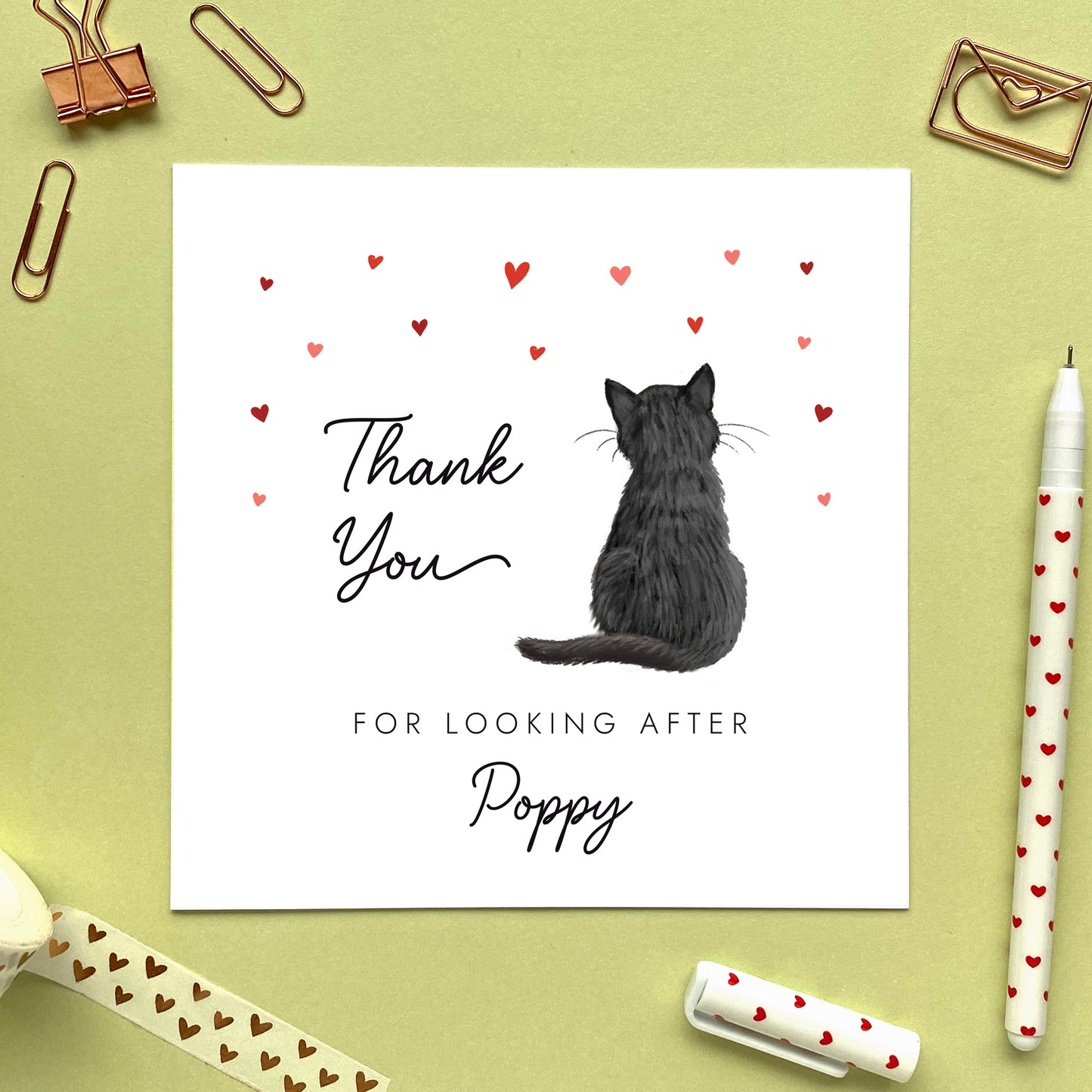 Personalised cat thank you card, the cat design can be chosen from a range of designs. The cat on the card photo is a black cat. The wording reads 'thank you for looking after Poppy'.