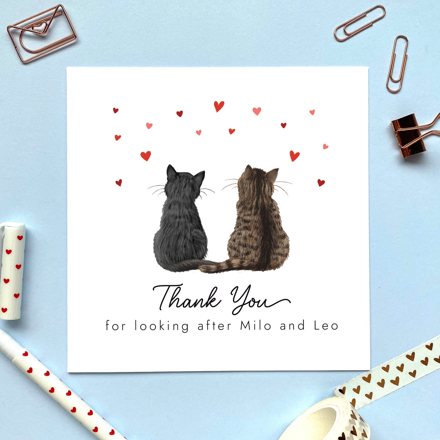 Personalised Two Cats Thank You Card - Hearts