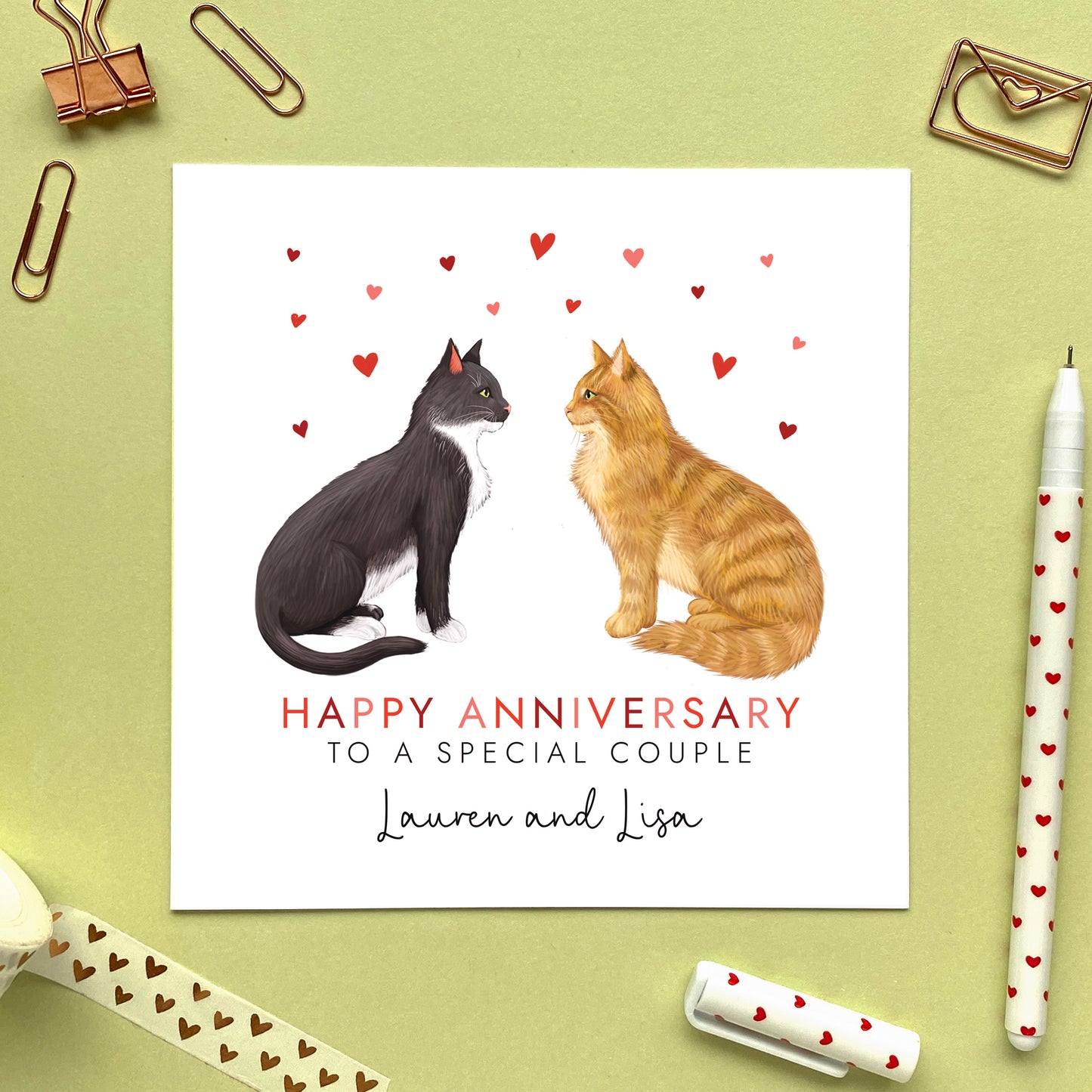 A personalised cats anniversary card for couple. You can choose both two cats on the card. Ideal for a range of relations, friends and family. The cats in the photo are a black and white tuxedo cat and a longhaired ginger cat.