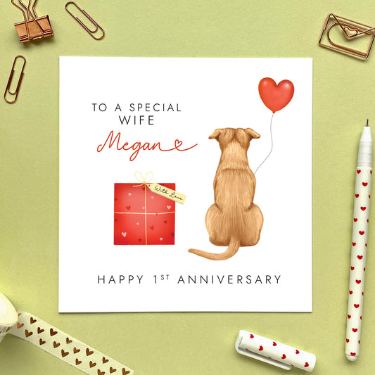 A personalised anniversary card for partner featuring a Staffordshire Bull Terrier. It can be personalised with a name and is suitable for both him and her. Ideal for husband, wife, fiancé, fiancée, boyfriend and girlfriend, for any anniversary such as 1st wedding anniversary.