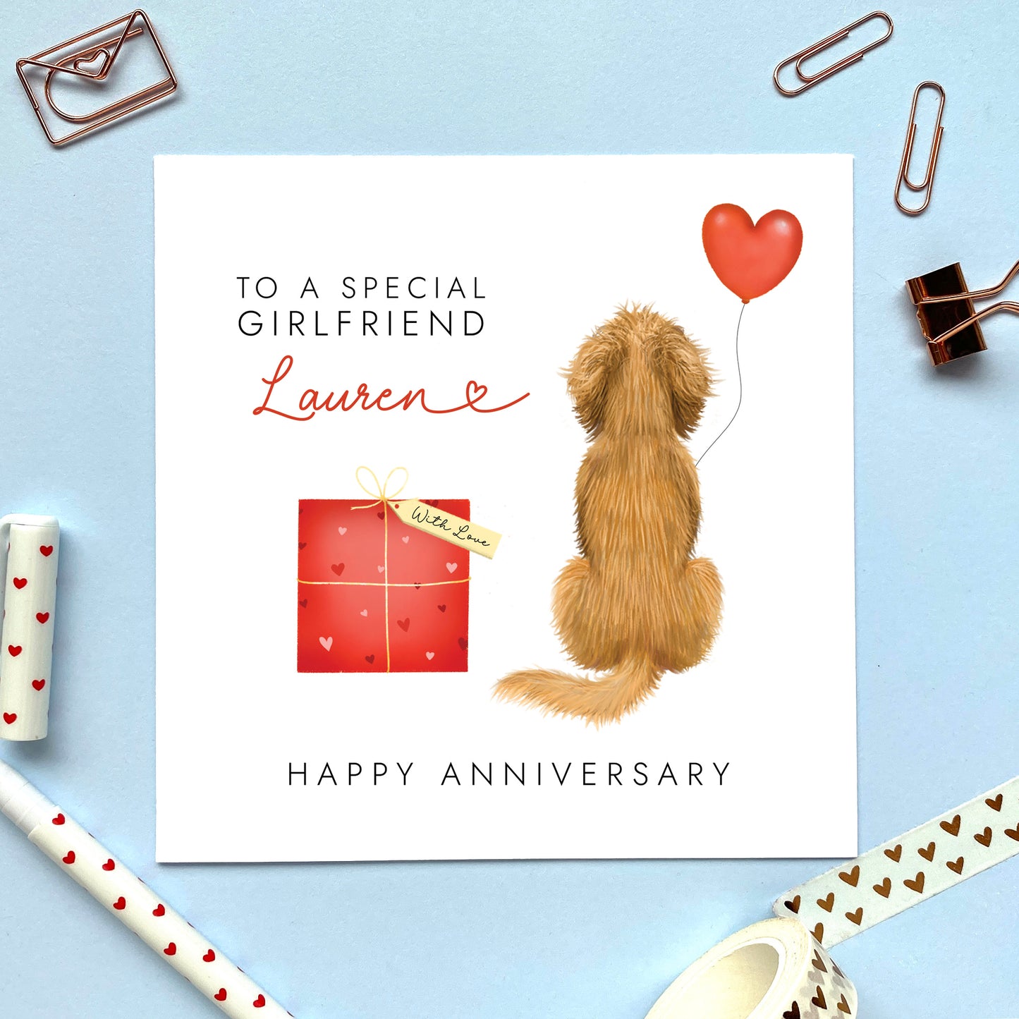 A personalised anniversary card for Girlfriend featuring a Golden Cocker Spaniel. It can be personalised with a name and is suitable for both him and her. Ideal for husband, wife, fiancé, fiancée, boyfriend and girlfriend, for any anniversary such as 1st wedding anniversary.