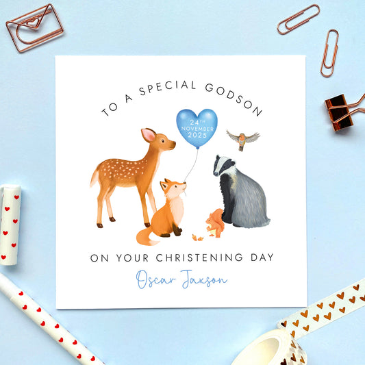 Personalised Woodland Animals Christening Card for Boy