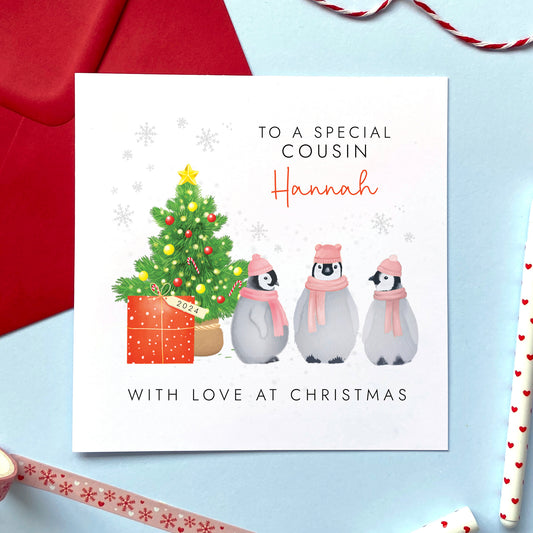 Personalised Penguins Christmas Card for Cousin from 2 Children