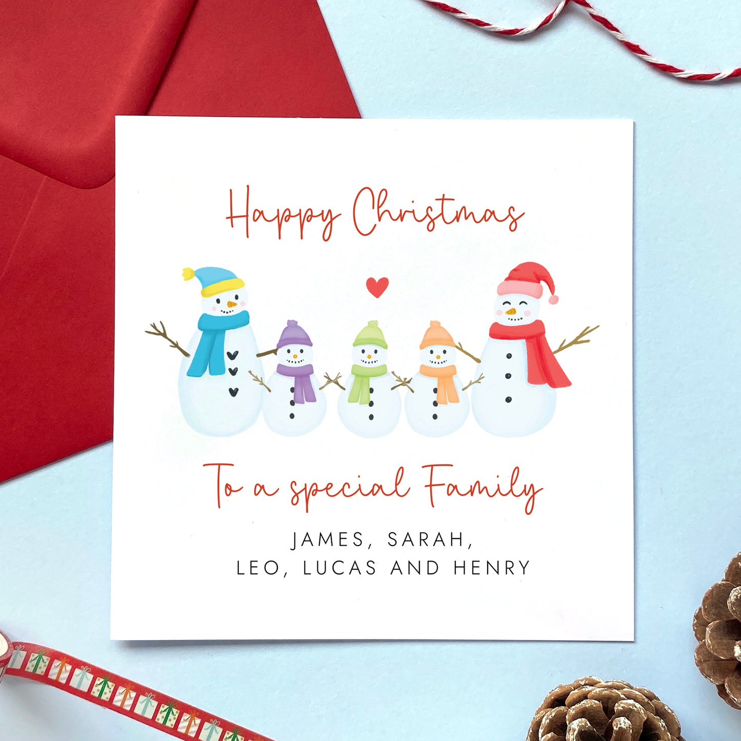 A personalised Christmas card for Family with 2 adults and 3 children.