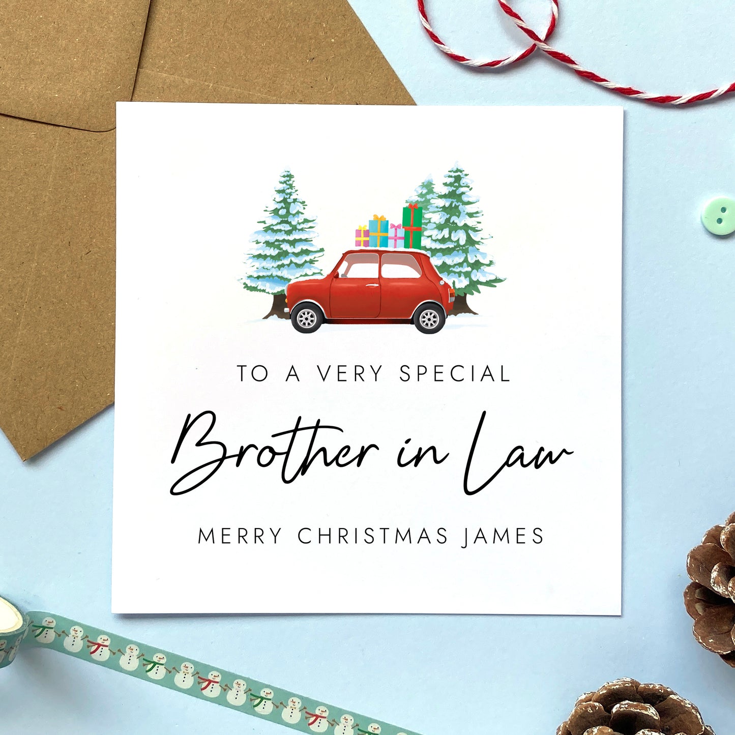 A personalised Christmas card for Brother in Law featuring a classic red mini car, presents and fir trees. It can be personalised with a name.