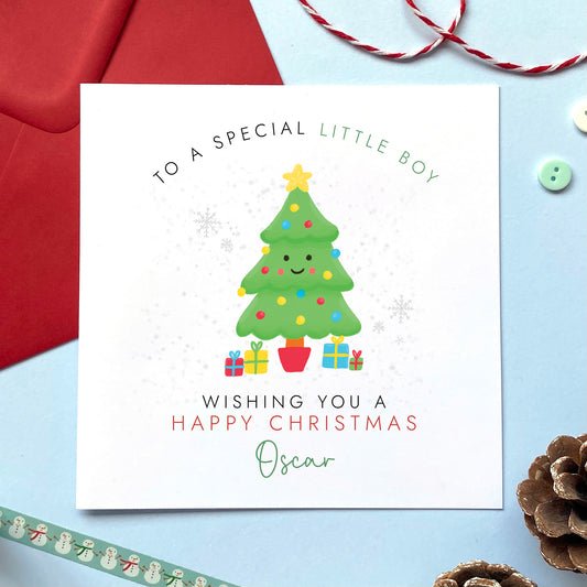 A personalised Cute Xmas Tree Christmas Card for Little Boy.