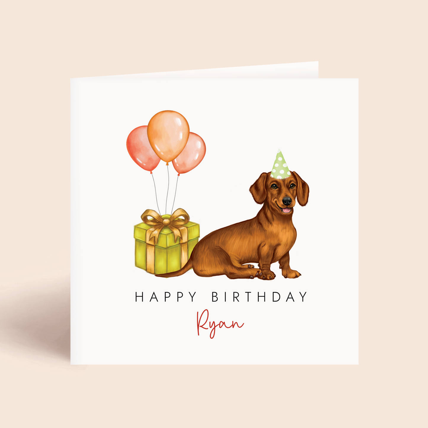 A personalised dog birthday card featuring a red dachshund.