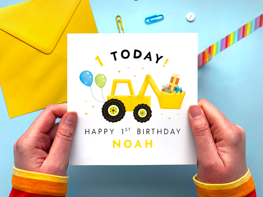Personalised Yellow Digger 1st Birthday Card for Boys