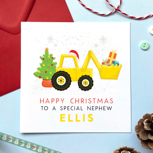 A personalised yellow digger Christmas card for Nephew.