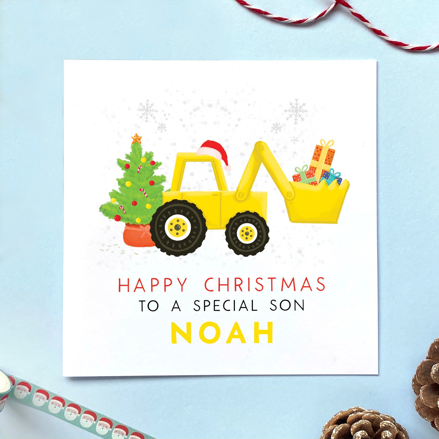 A personalised yellow digger Christmas card for Son.