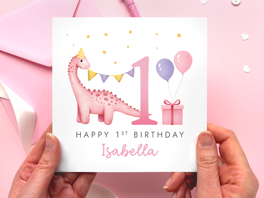 Personalised Dinosaur 1st Birthday Card for Girl