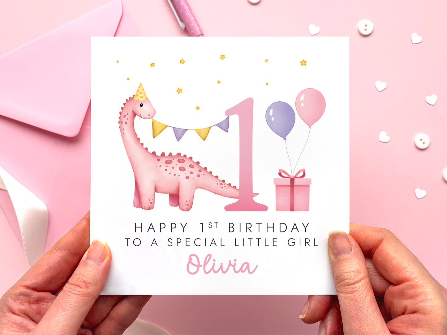 personalised pink dinosaur 1st birthday card for girls