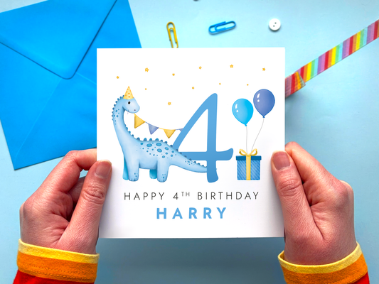 personalised blue dinosaur 4th birthday card for boys