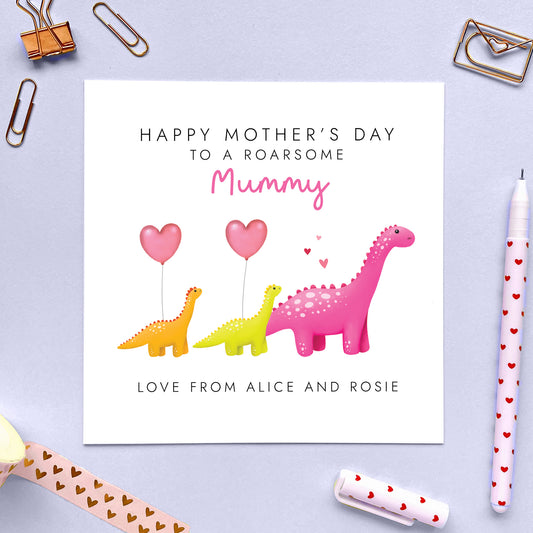 Personalised Dinosaur Two Children Mother's Day Card for Mummy