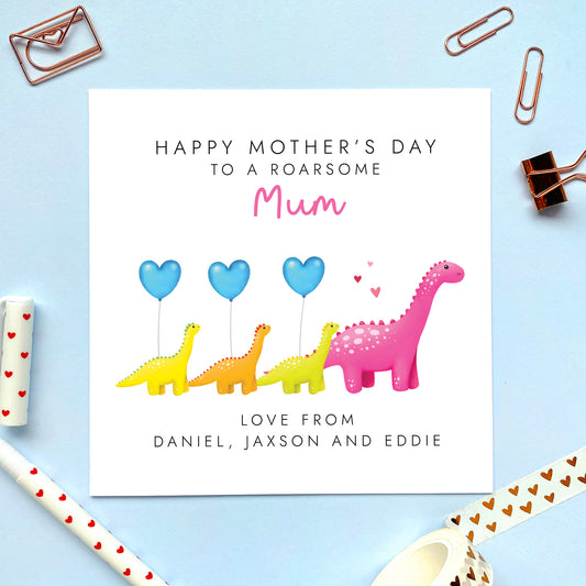Personalised Dinosaur Three Children Mother's Day Card for Mummy