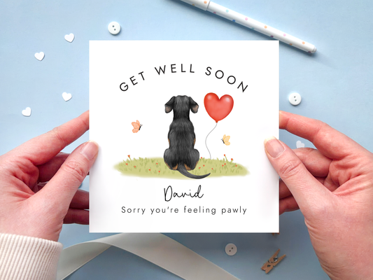 Personalised dog get well soon card, black and tan dachshund