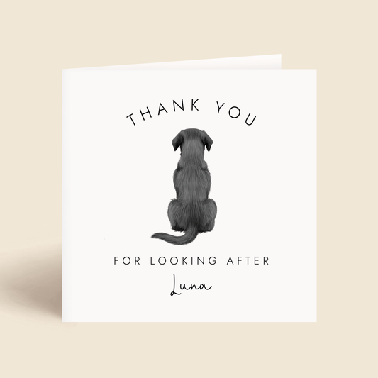thank you card with a dog illustration of a black Labrador and the wording 'thank you for looking after', personalised with the dog's name