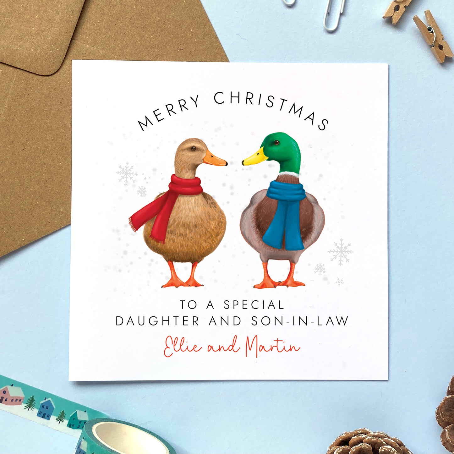 A personalised Christmas Card for Daughter and Son-in-Law featuring a mallard duck couple. Ideal for Daughter and her Husband, Daughter and her Fiancé, Daughter and her Boyfriend, Daughter and her Partner.
