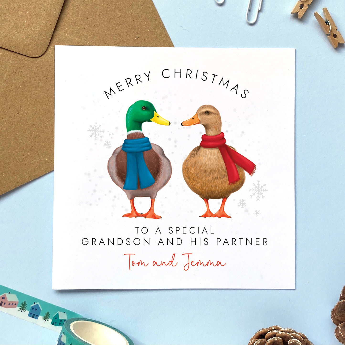 A personalised Christmas Card for Grandson and his partner featuring a mallard duck couple. Ideal for Grandson and his Wife, Girlfriend or Fiancée.
