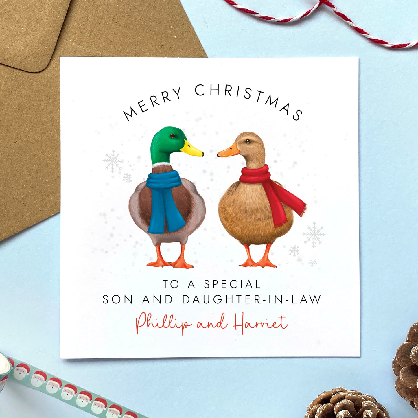 A personalised Christmas Card for Son and Daughter-in-Law featuring a mallard duck couple. Ideal for Son and Wife, Girlfriend, Fiancée or Partner.