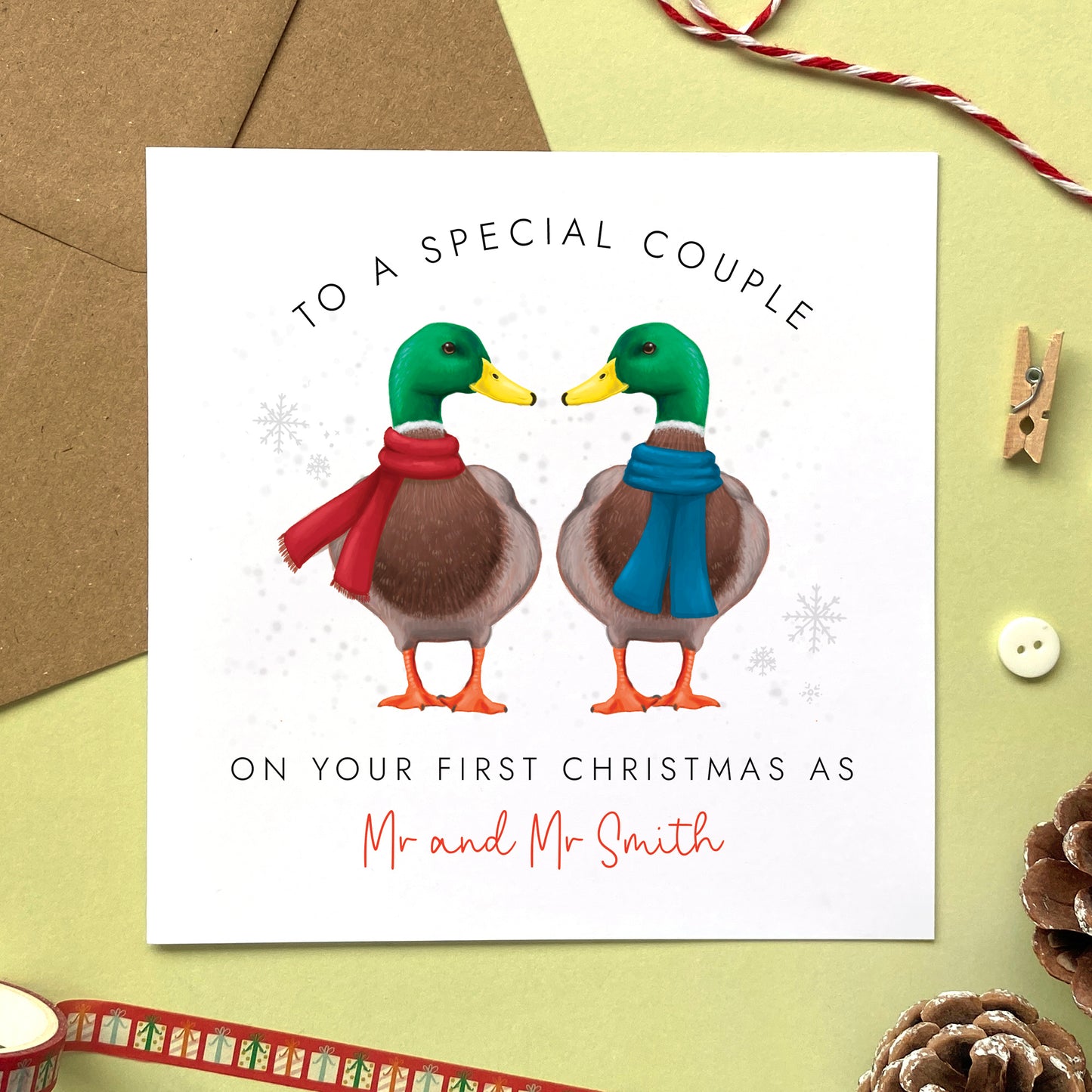 A personalised ducks on your first Christmas as Mr and Mr Christmas Card. Ideal for any two men - a gay couple on their first Christmas as a married couple.