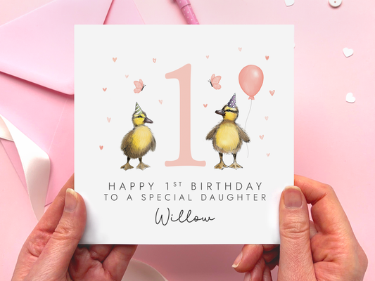 Personalised Ducklings 1st Birthday Card for Girl