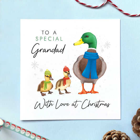 A personalised ducks christmas card for Grandad. It features a male mallard duck next to two baby ducklings or children, with the text 'To a special Grandad, with love at Christmas'.