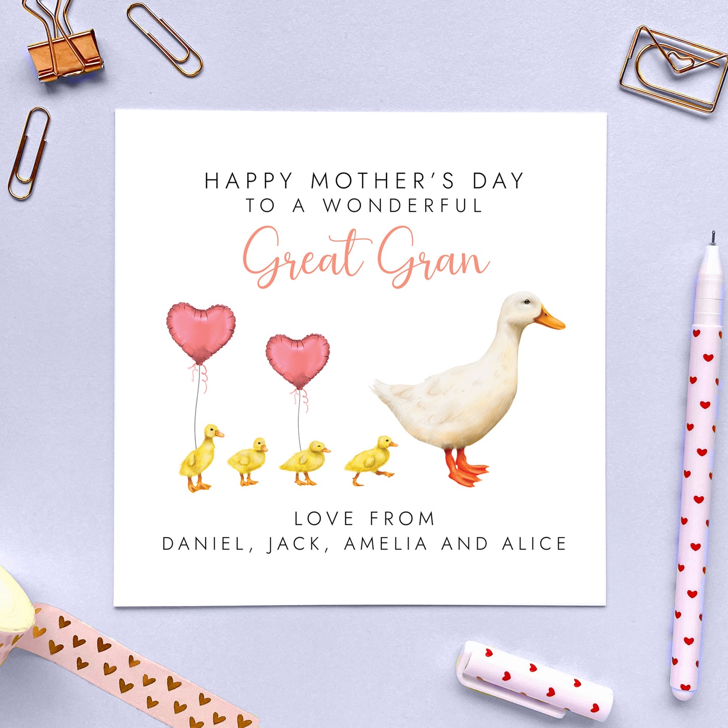 Personalised White Duck Mothers Day Card for Great Gran from four children or babies