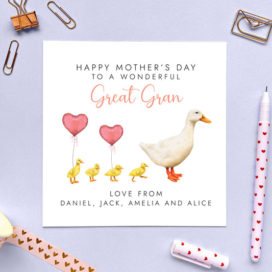 Personalised White Duck Mothers Day Card for Great Gran from four children or babies