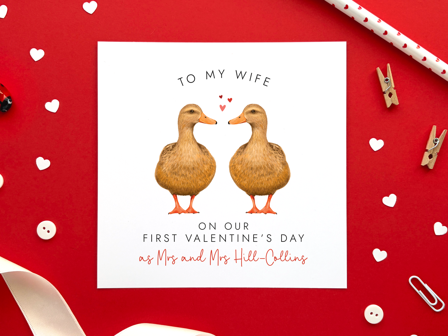 Personalised Ducks 1st Valentine's Day as Mrs and Mrs Card
