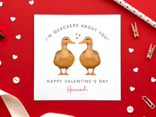 A personalised duck themed valentine's day card featuring a pair of female mallard ducks.