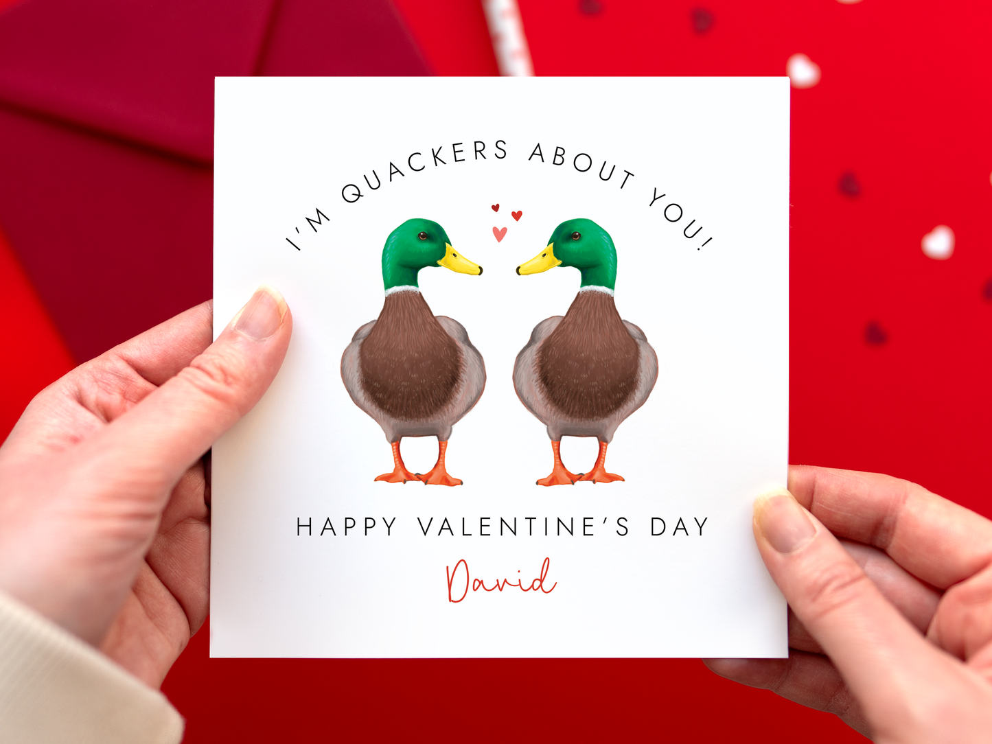 A personalised duck themed valentine's day card featuring a pair of male mallard ducks.