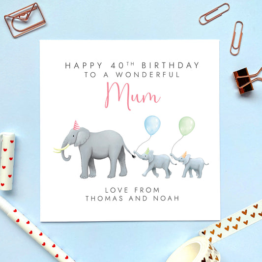 Personalised Elephant Birthday Card for Mum from Two Children