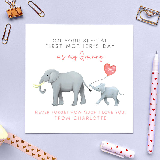 Personalised Elephant First Mother's Day Card for Granny