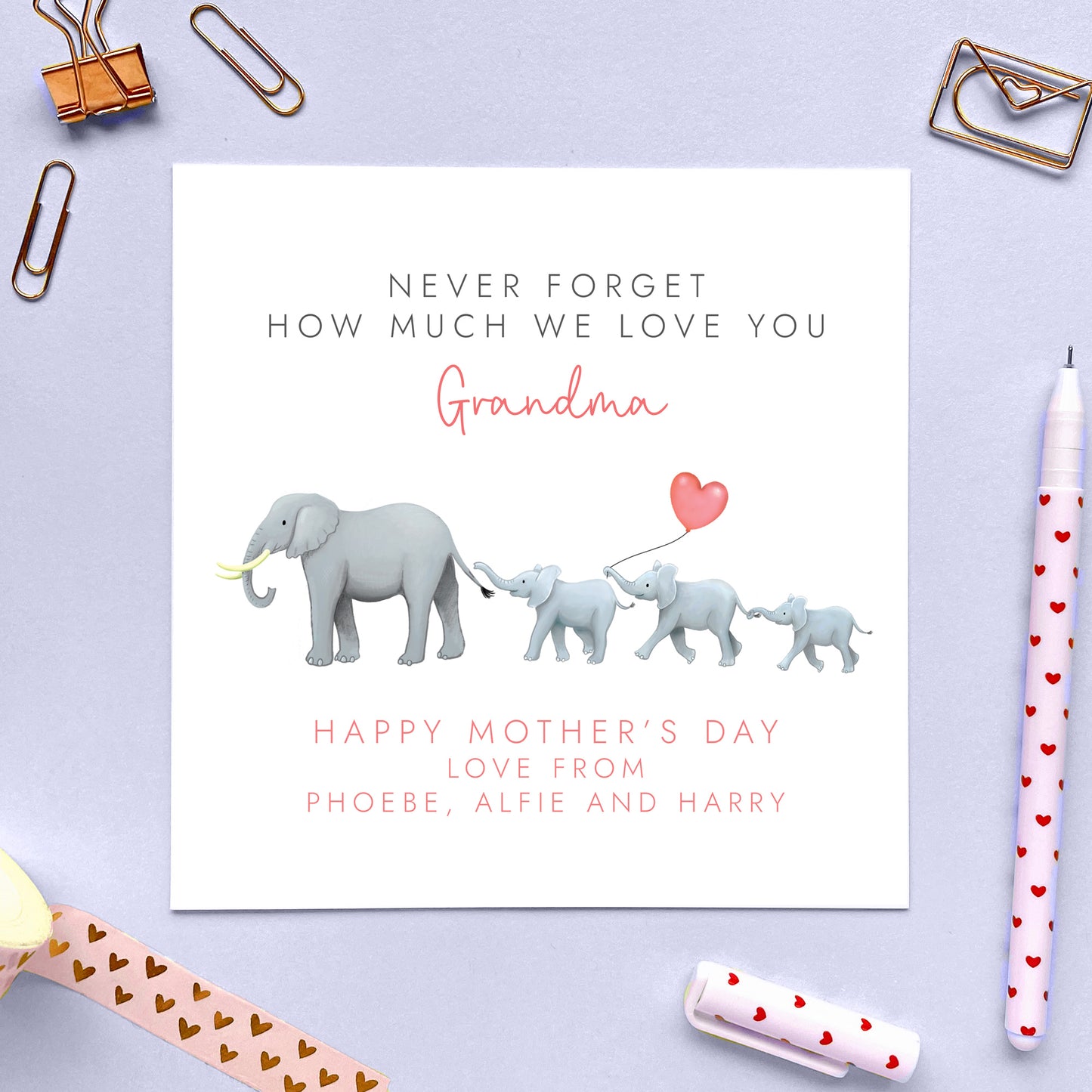 Personalised Elephants Mothers Day Card for Grandma from three children