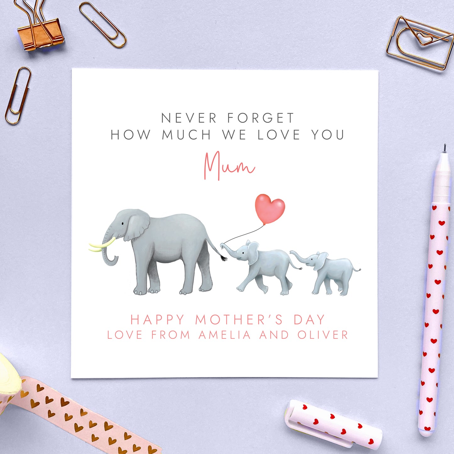 Personalised Elephants Mothers Day Card for Mum from two children