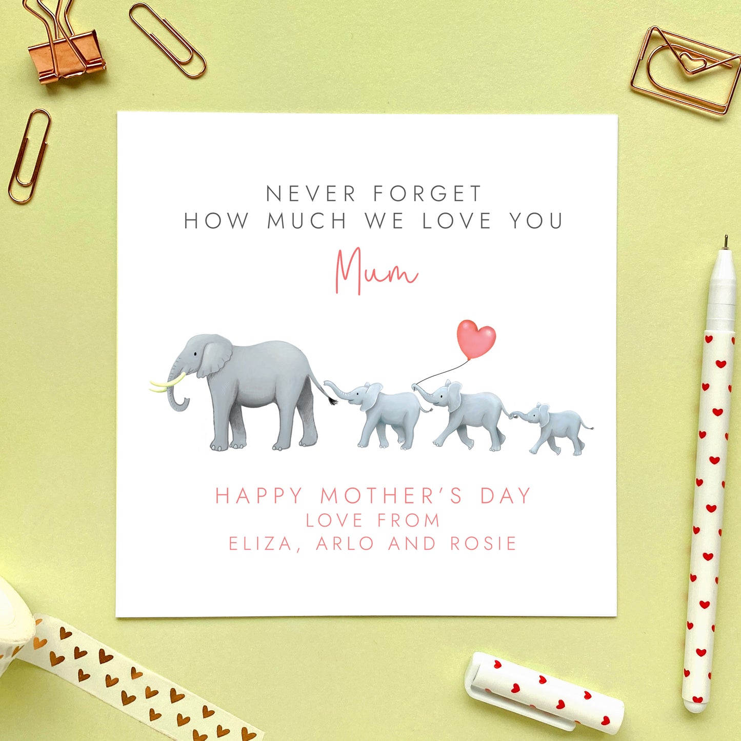 Personalised Elephants Mothers Day Card for Mum from three children, 3 kids