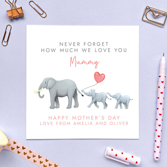 Personalised Elephants Mothers Day Card for Mummy from two children, 2 kids