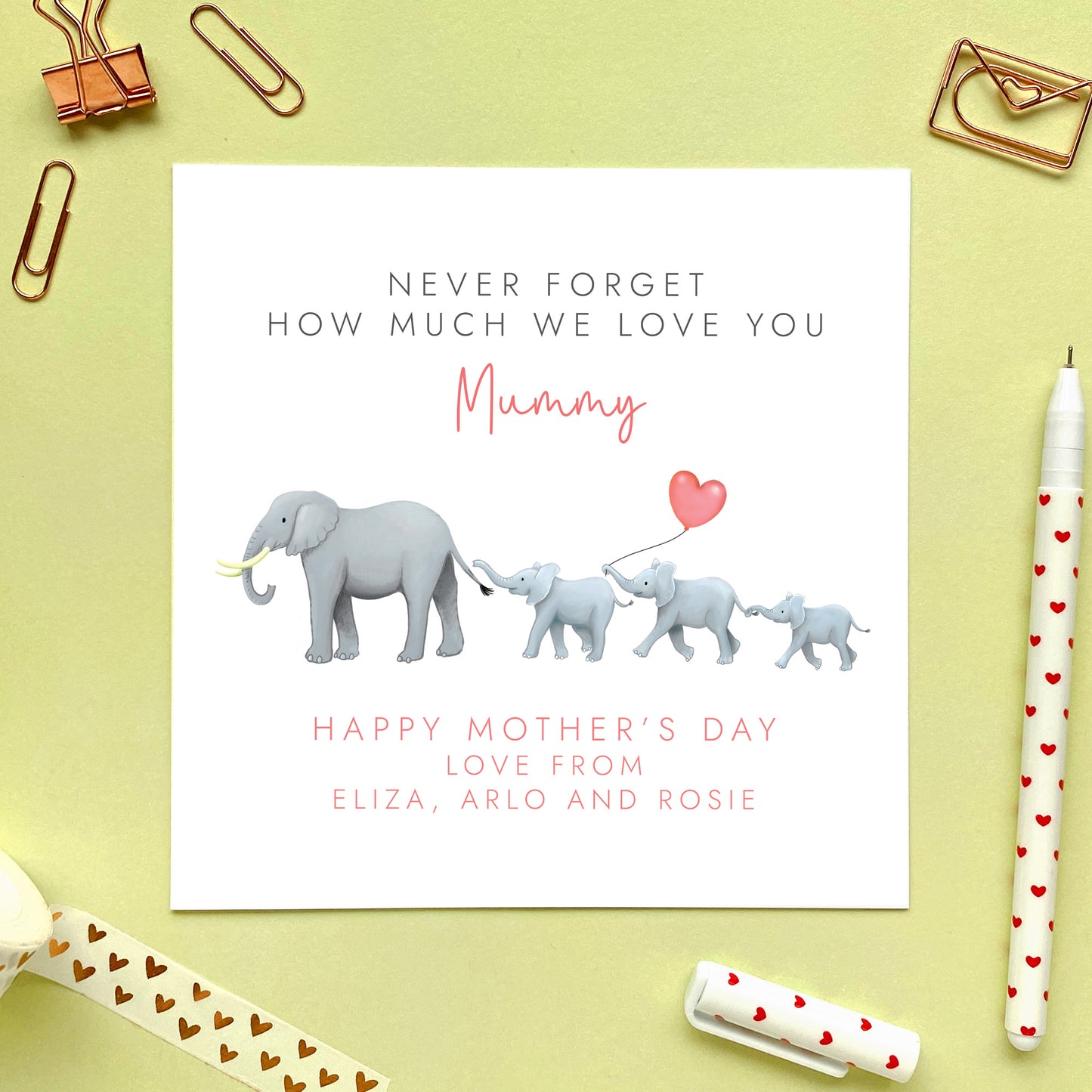Personalised Elephants Mothers Day Card for Mummy from three children