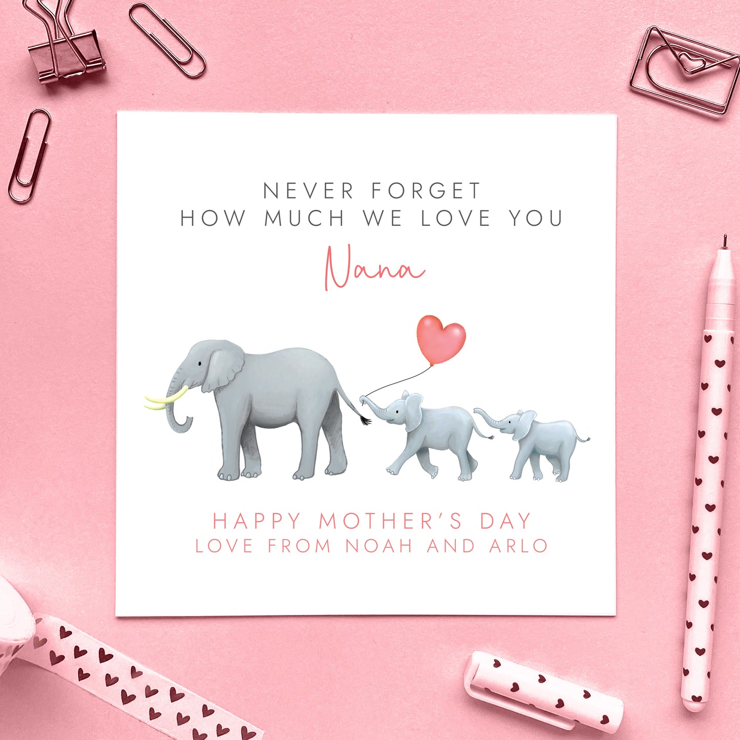 Personalised Elephants Mothers Day Card for Nana from two children