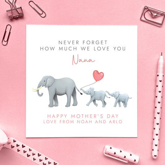 Personalised Elephants Mothers Day Card for Nana from two children