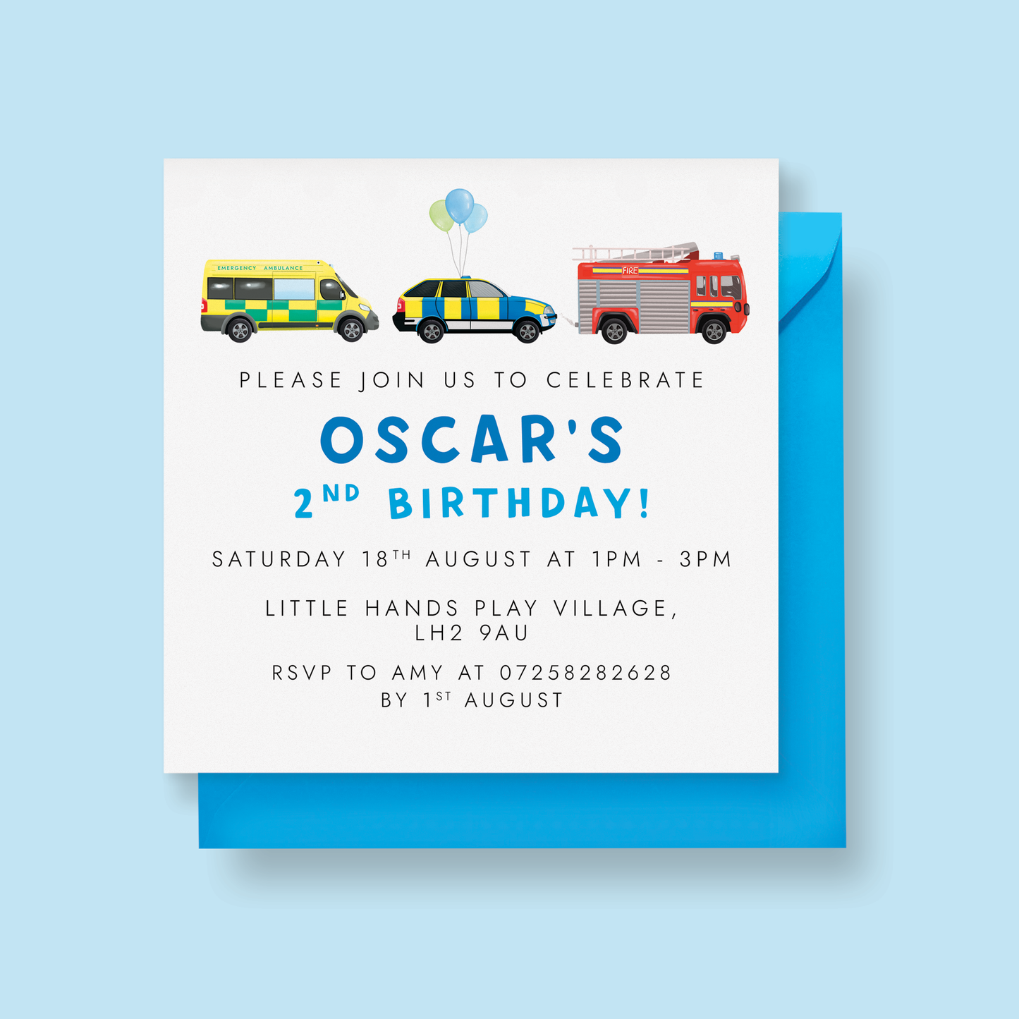 Personalised Emergency Vehicle-Themed Party Invitations – Any Age