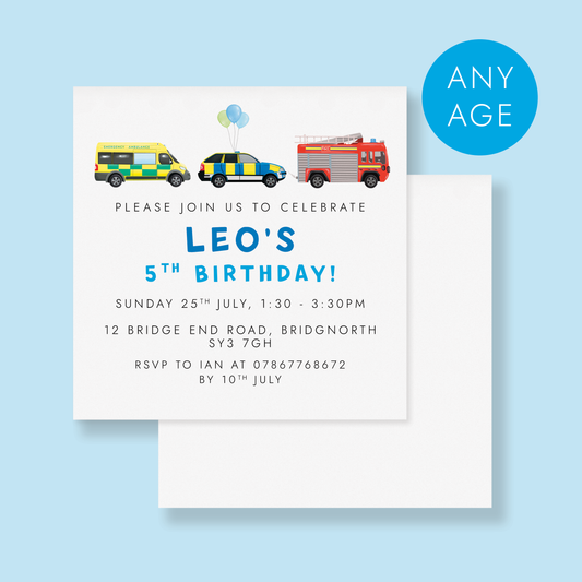 Personalised Emergency Vehicle-Themed Party Invitations – Any Age
