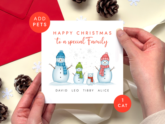 Personalised Christmas Card for a Family of 3 with two adult snowmen, a child snowman and a cat.