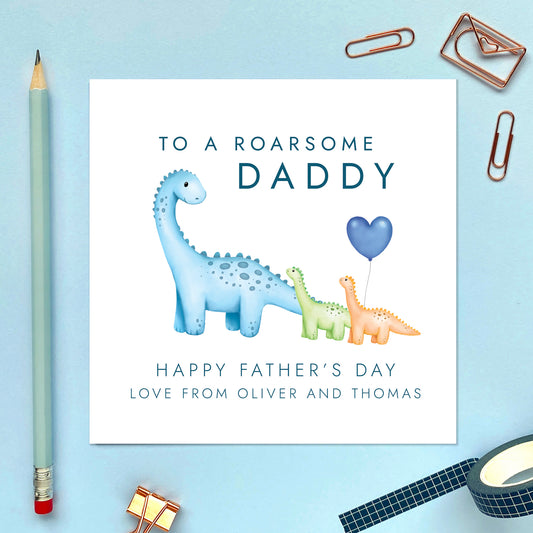 Dinosaurs Fathers Day Card for Daddy from 2 Children