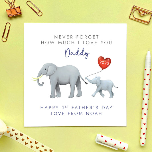 A personalised 1st Fathers Day Card for Daddy featuring a big elephant and little baby elephant.