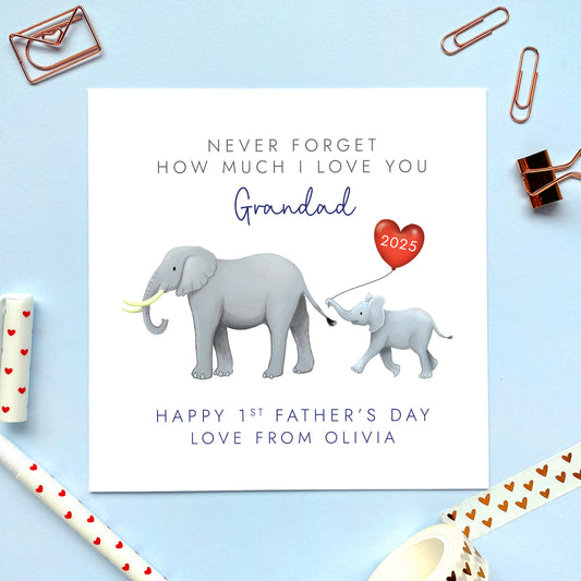 A personalised 1st Fathers Day Card for Grandad featuring a big elephant and little baby elephant.