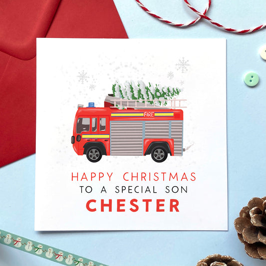 A personalised fire engine Christmas card for Son.