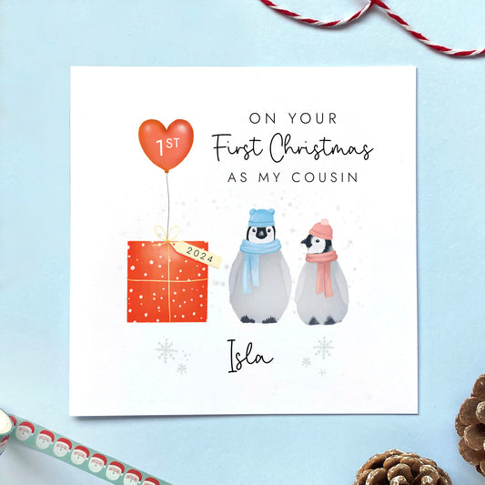Personalised 1st Christmas as My Cousin Penguins Card